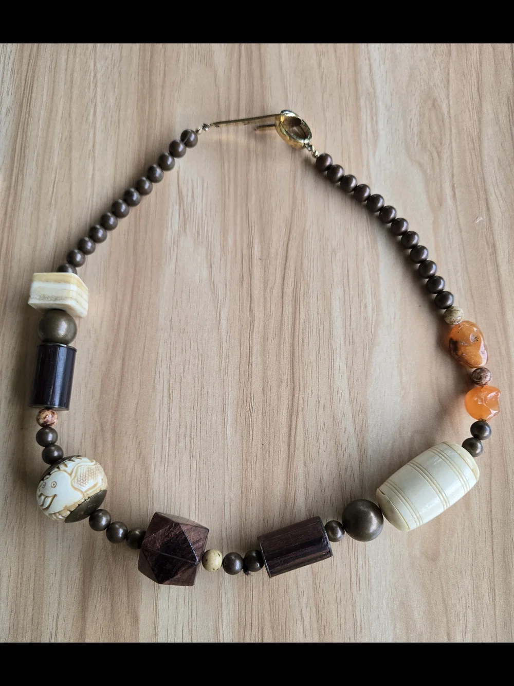 Vintage Lee Sands 1980s Natural Stone Wood Bone Tribal Boho Statement Necklace